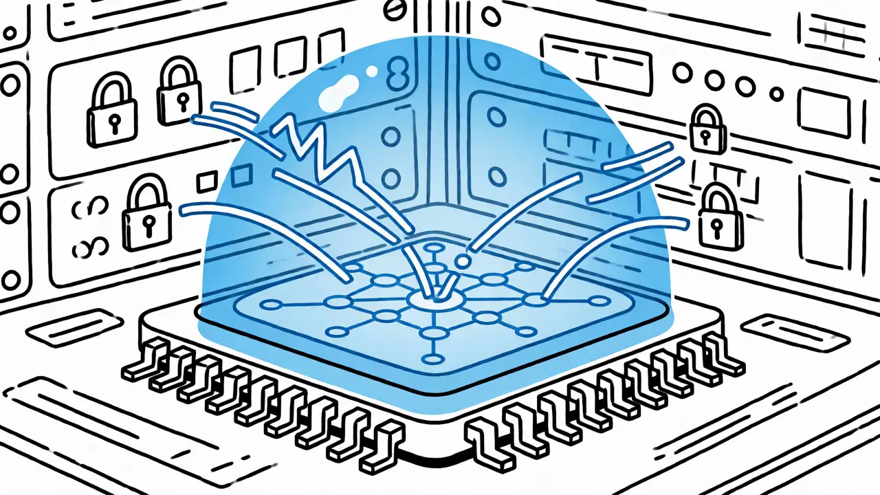 Illustration of a Trusted Execution Environment shielding a neural network inside a secure hardware vault.