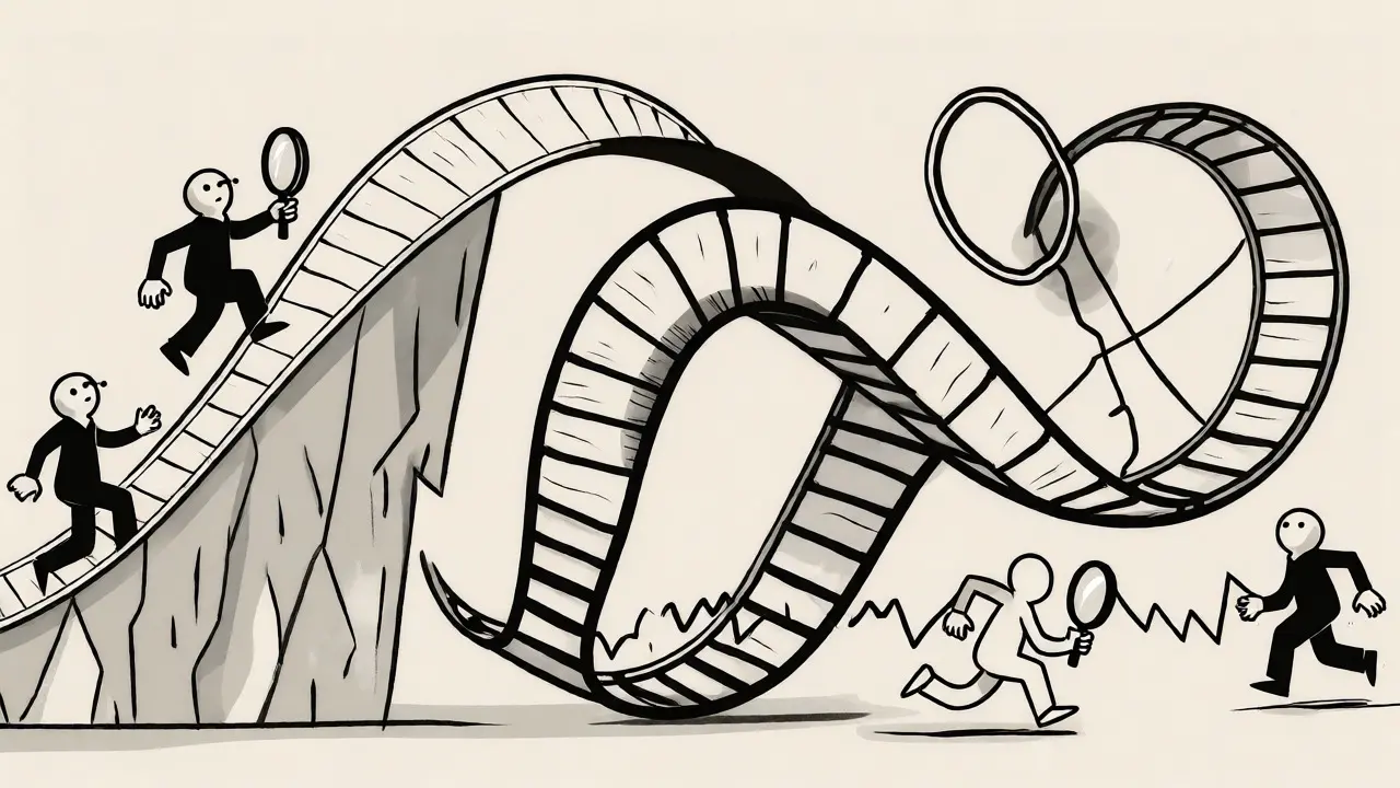 Illustration of chaotic reinforcement learning paths with cliffs and unpredictable drops.