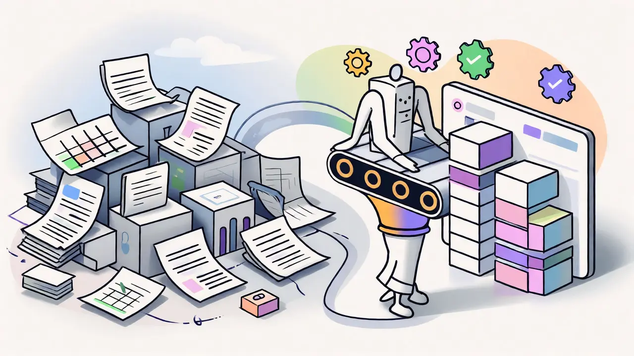 Illustration showing AI streamlining messy back-office data into organized digital outputs.