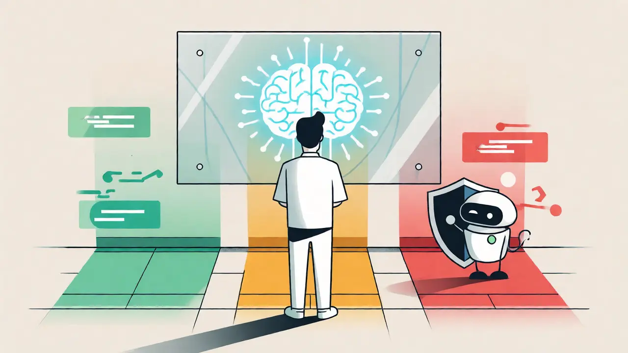 Illustration showing developers navigating green, yellow, and red risk zones for AI code.