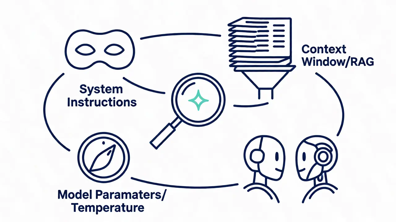 Monoline diagram visualizing the four key variables of prompt engineering experiments.