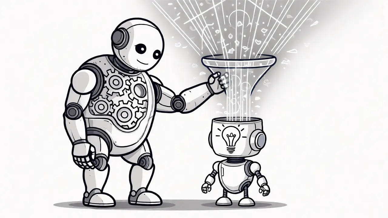 Monoline drawing of a large AI model transferring knowledge to a smaller model via distillation.
