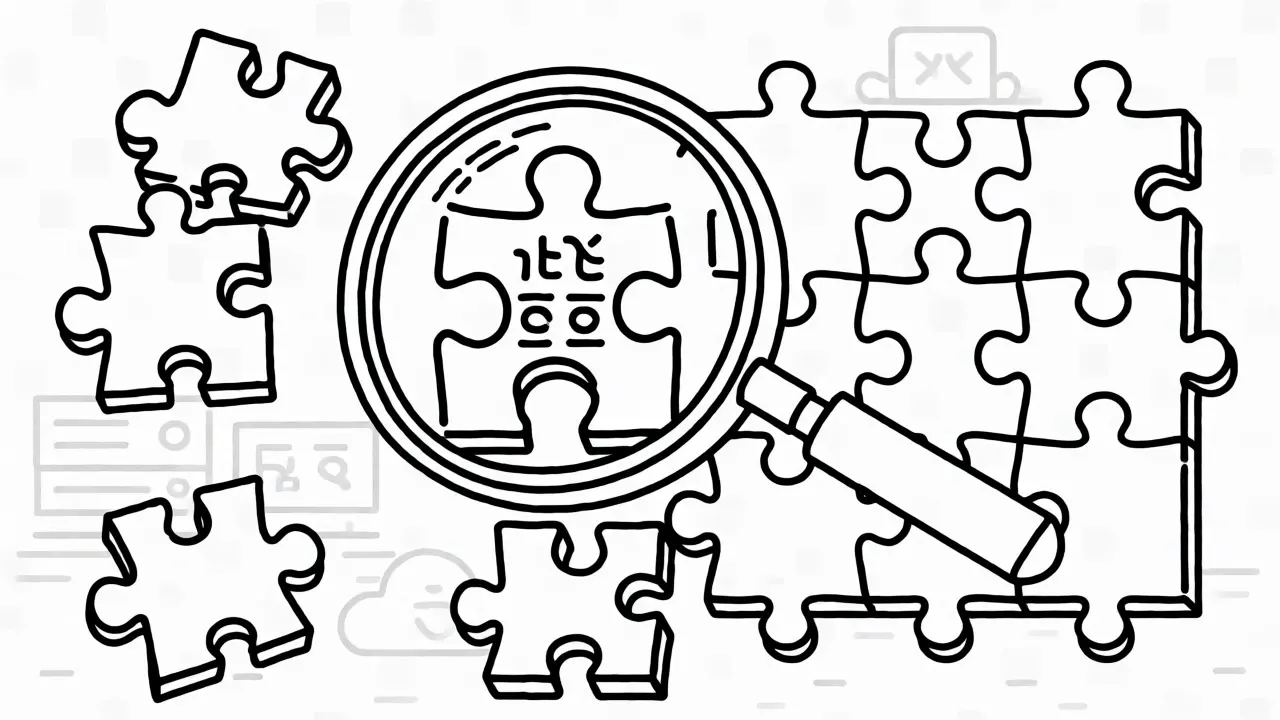 Monoline drawing of a magnifying glass inspecting complex software architecture puzzles.