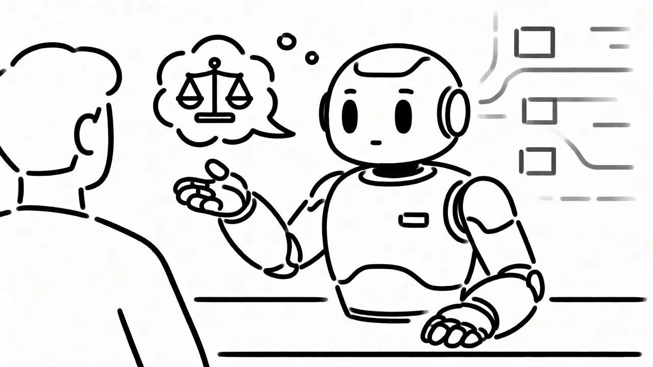 Monoline drawing of a robot assistant balancing confidence scales for a user.
