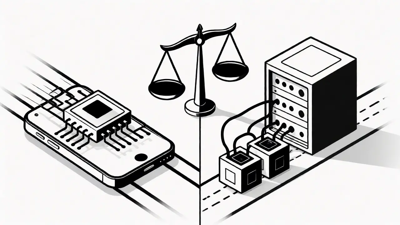 Monoline graphic comparing fast, efficient small models on devices versus slow, costly large servers.