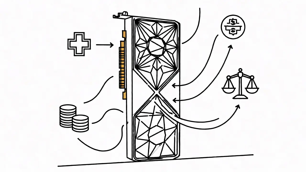 NVIDIA GPU confidential computing illustration connecting secure AI inference to healthcare and finance sectors.