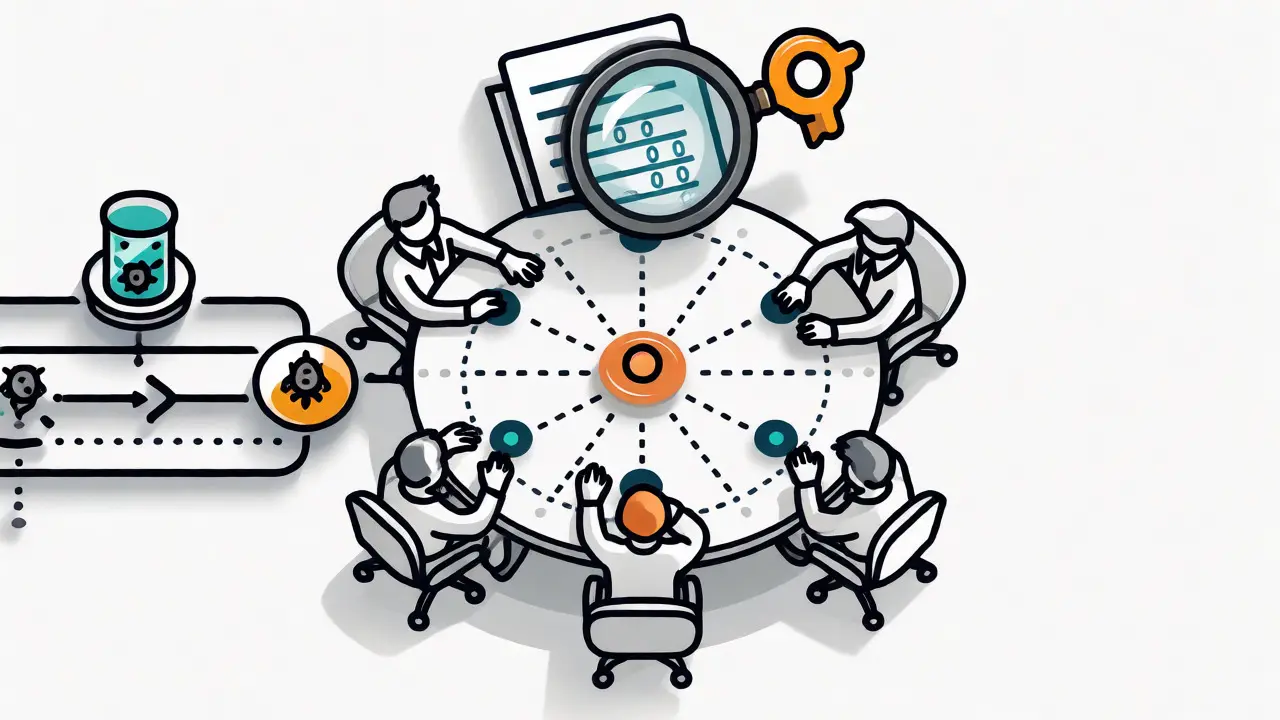 Overhead view of a team collaborating around a central security policy engine.