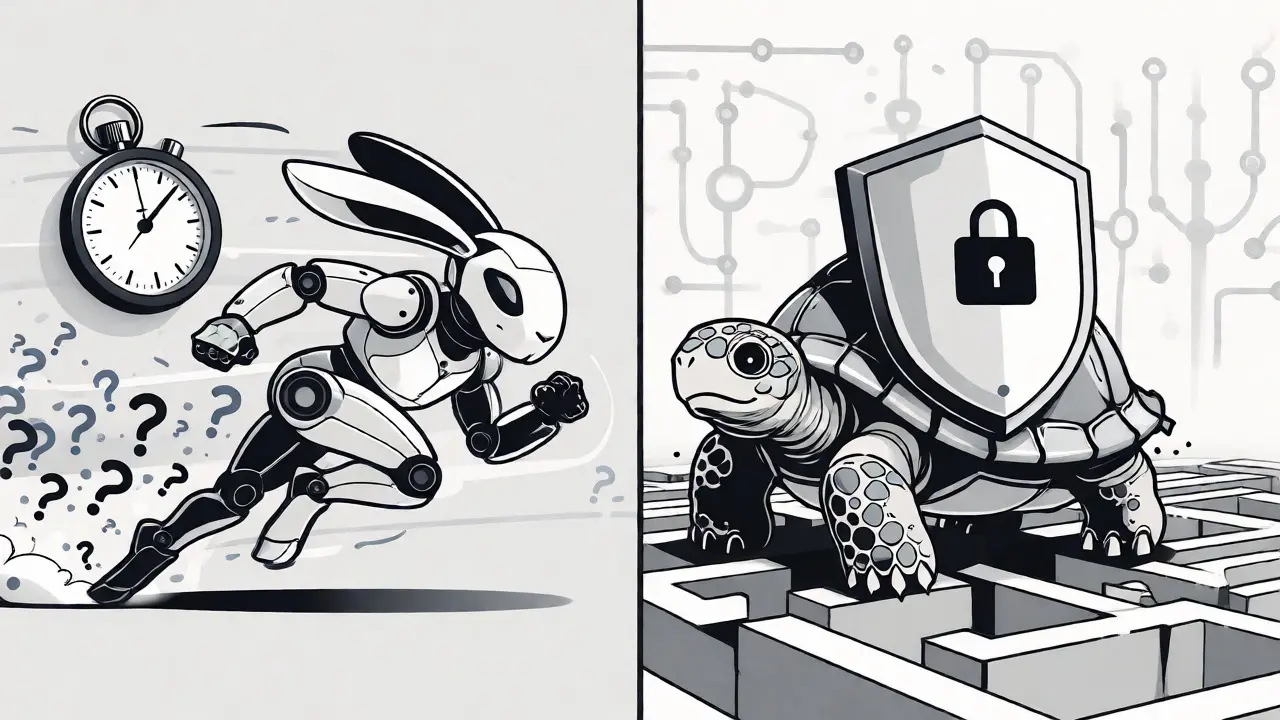 Split-screen cartoon comparing fast, less accurate AI checks versus slow, precise verification methods.