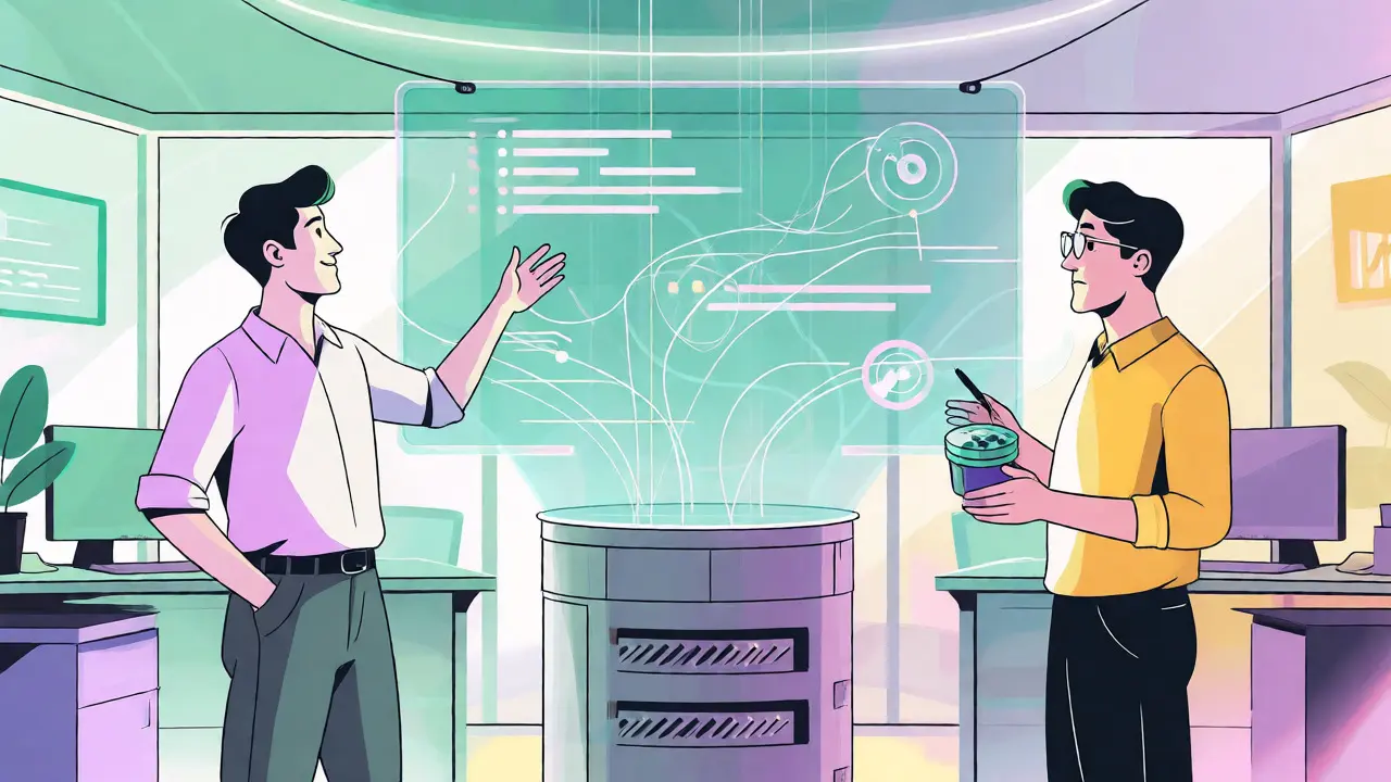 Two developers collaborating with a holographic AI interface in a modern office setting.